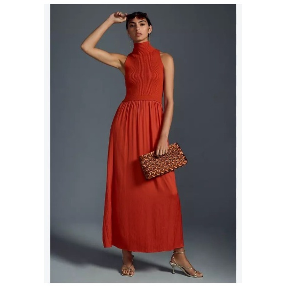 By Anthropologie Twofer Sleeveless Sweater Dress Womens M Orange Red Maxi Ribbed
